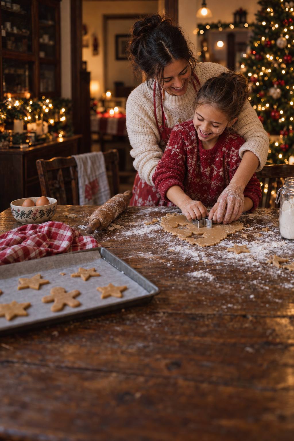 A mother and her daughter baking Christmas cookies together